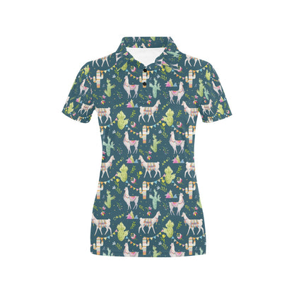 Llama with Cactus Design Print Women's Polo Shirt