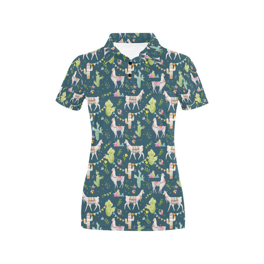 Llama with Cactus Design Print Women's Polo Shirt