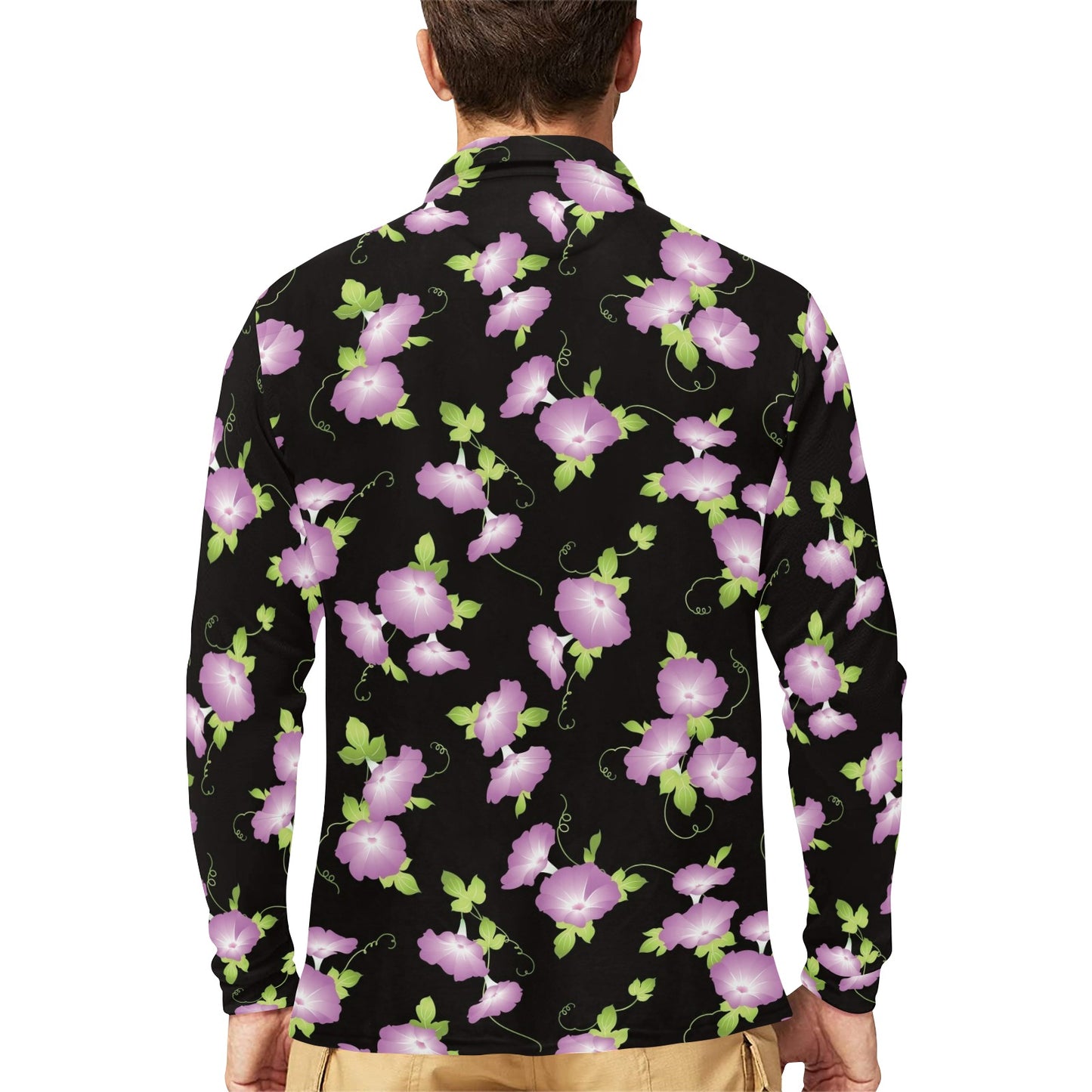 Morning Glory Pattern Print Design MG02 Long Sleeve Polo Shirt For Men's