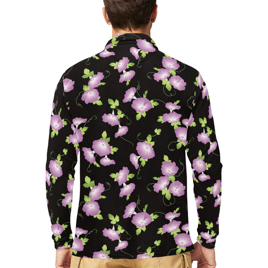 Morning Glory Pattern Print Design MG02 Long Sleeve Polo Shirt For Men's