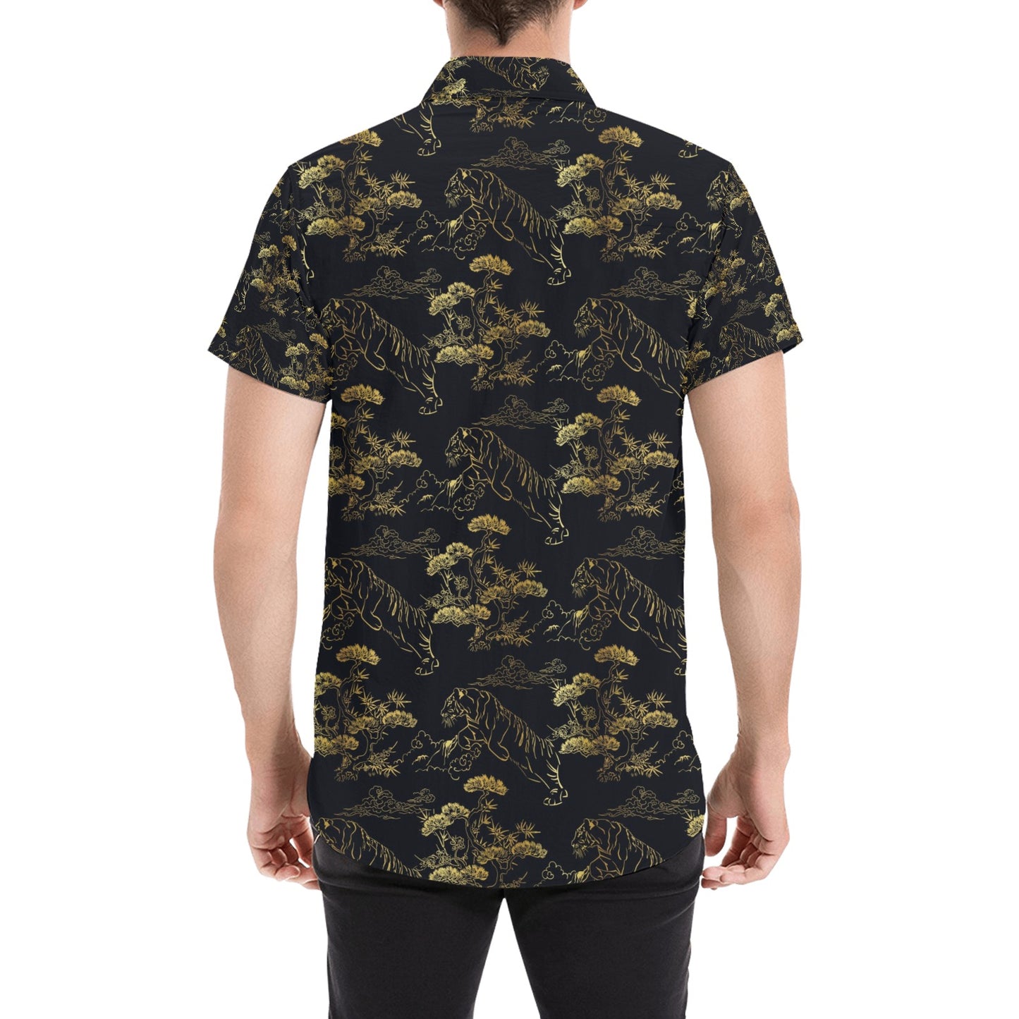 Tiger Japan Style Print Design LKS305 Men Short Sleeve Button Up Shirt
