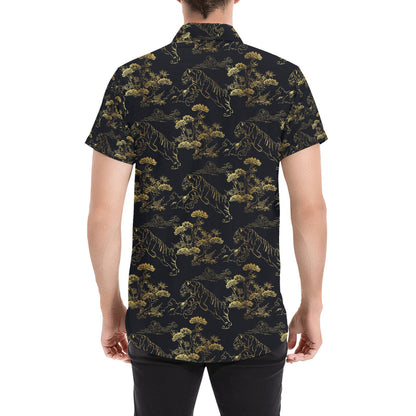 Tiger Japan Style Print Design LKS305 Men Short Sleeve Button Up Shirt