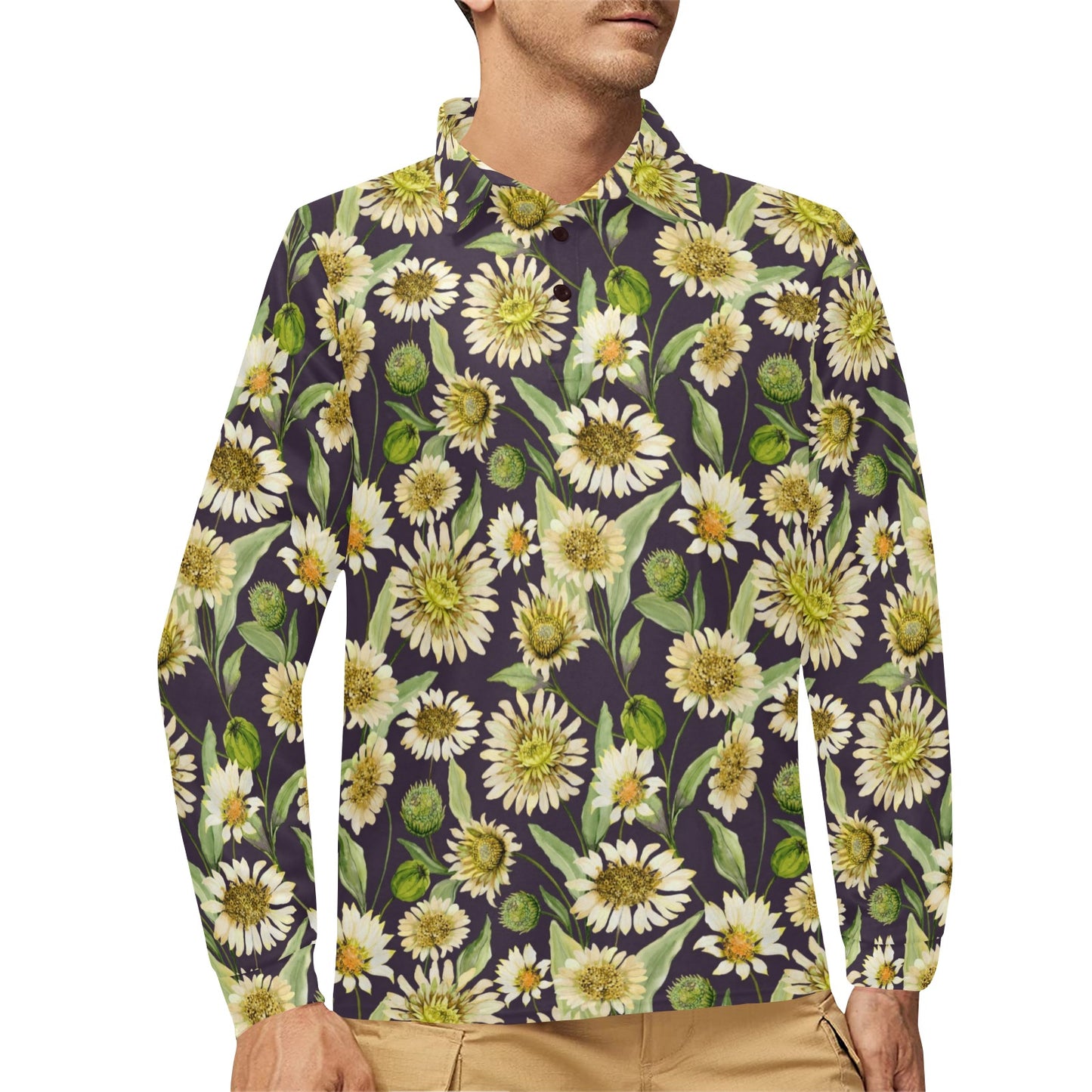Daisy Vintage Print Pattern Long Sleeve Polo Shirt For Men's