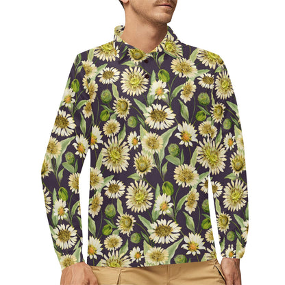 Daisy Vintage Print Pattern Long Sleeve Polo Shirt For Men's