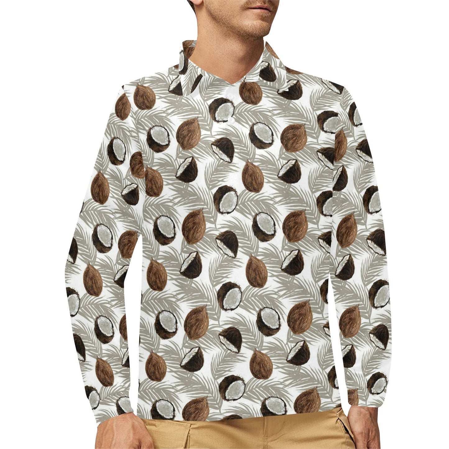 Coconut Pattern Print Design CN03 Long Sleeve Polo Shirt For Men's