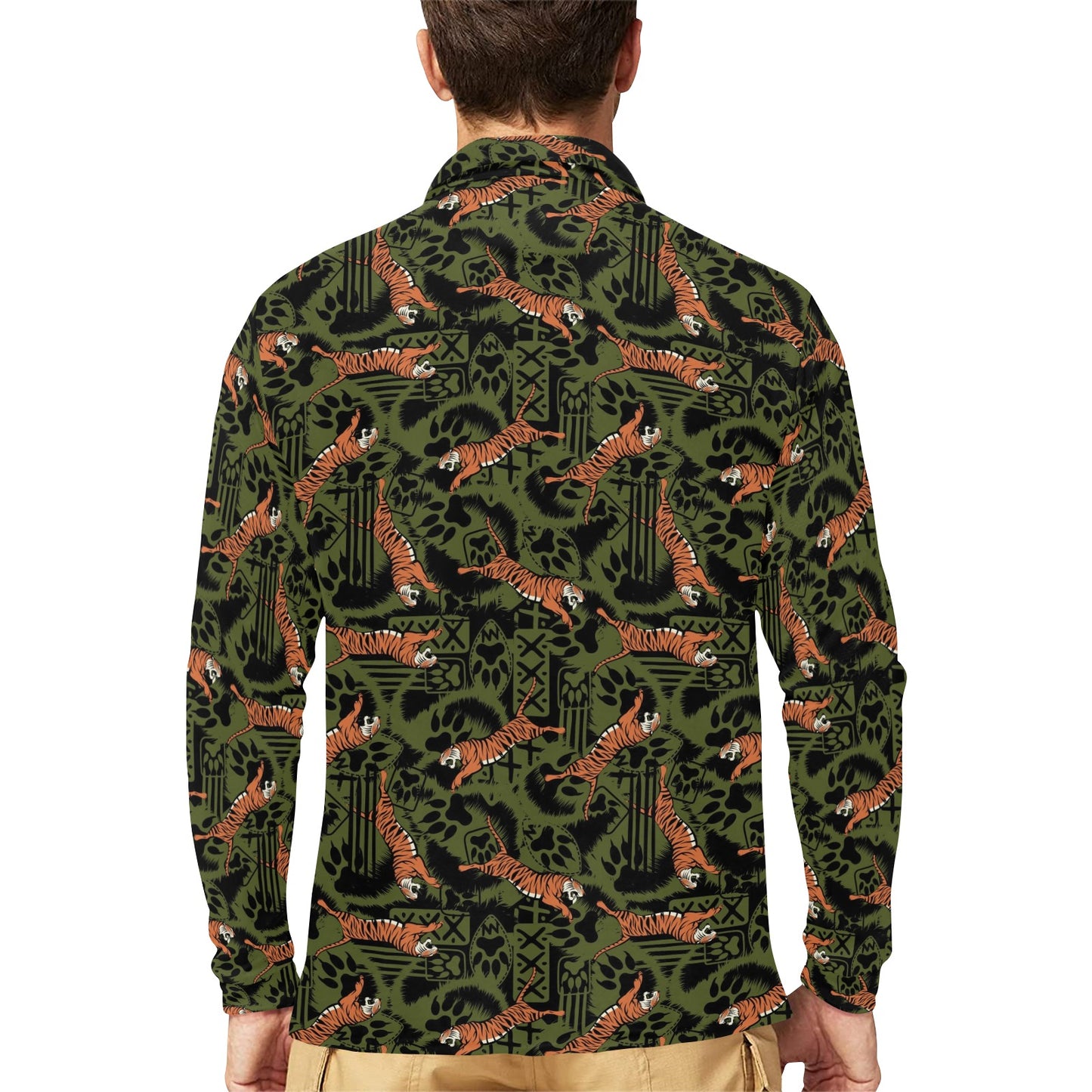 Tiger Pattern Print Design LKS303 Long Sleeve Polo Shirt For Men's