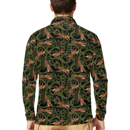 Tiger Pattern Print Design LKS303 Long Sleeve Polo Shirt For Men's