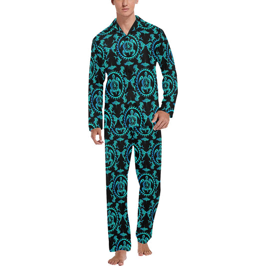 turquoise Tribal Sea Turtle Hawaiian Men's Long Pajama Set