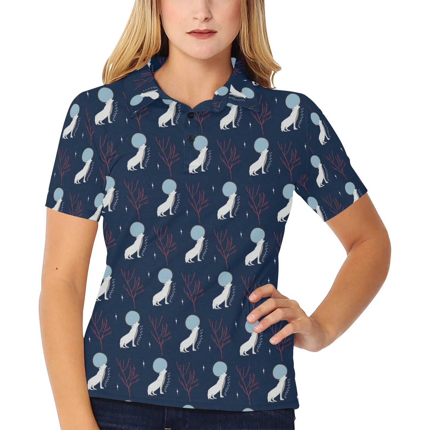 Wolf Moon Print Design LKS304 Women's Polo Shirt
