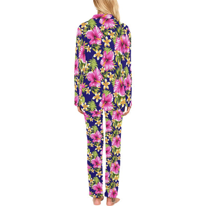 Pink Hibiscus Pattern Print Design HB027 Women's Long Pajama Set