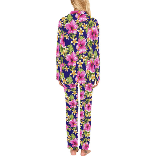 Pink Hibiscus Pattern Print Design HB027 Women's Long Pajama Set