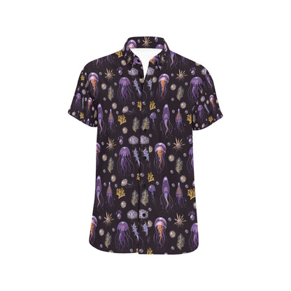 Seaweed With Jelly Fish Print Design LKS305 Men Short Sleeve Button Up Shirt