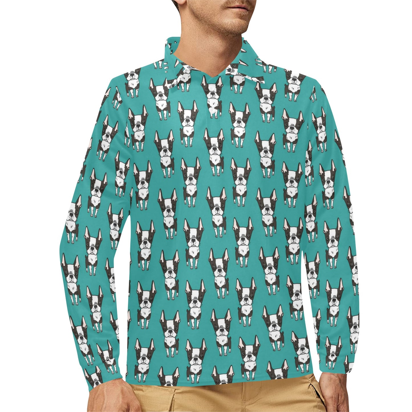 Boston Terrier Pattern Print Design 04 Long Sleeve Polo Shirt For Men's