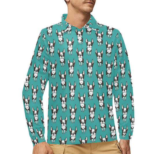 Boston Terrier Pattern Print Design 04 Long Sleeve Polo Shirt For Men's
