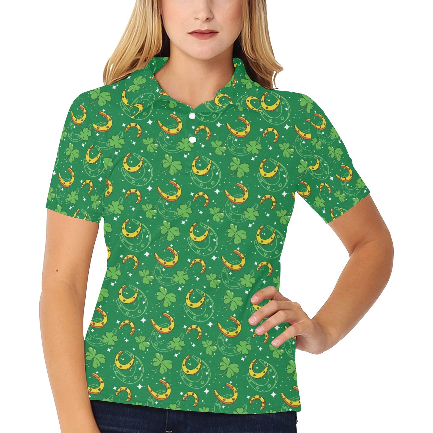 Shamrock With Horse Shoes Print Design LKS305 Women's Polo Shirt