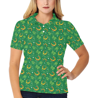 Shamrock With Horse Shoes Print Design LKS305 Women's Polo Shirt