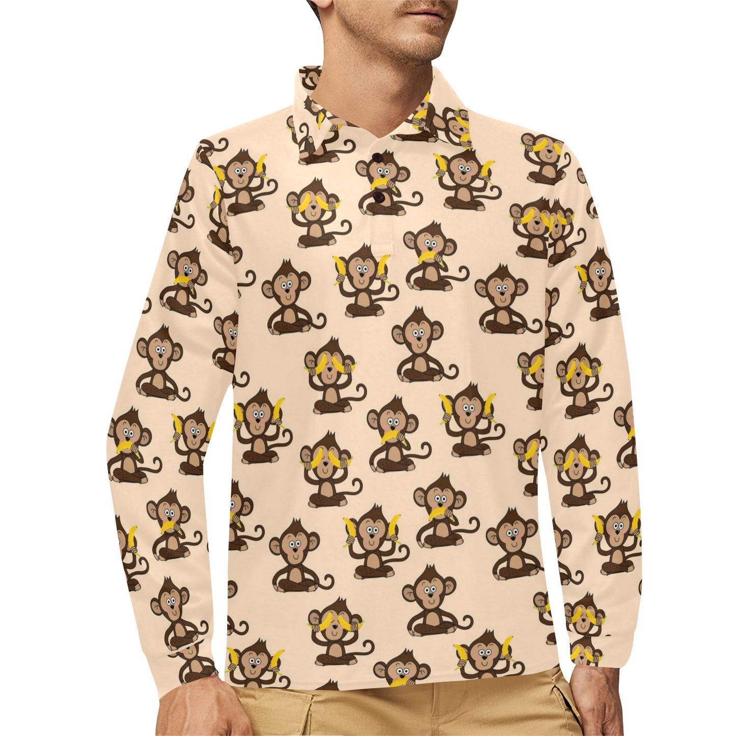Monkey Pattern Print Design 03 Long Sleeve Polo Shirt For Men's