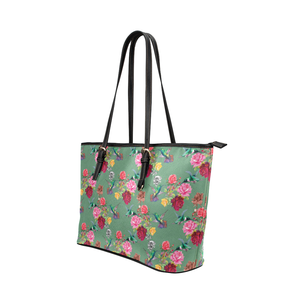 Hummingbird with Rose Themed Print Leather Tote Bag