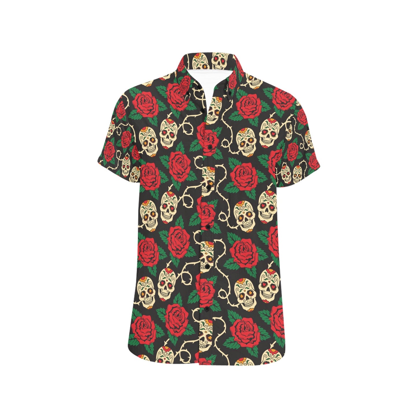 Sugar Skull Red Rose Print Design LKS301 Men Short Sleeve Button Up Shirt