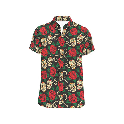 Sugar Skull Red Rose Print Design LKS301 Men Short Sleeve Button Up Shirt