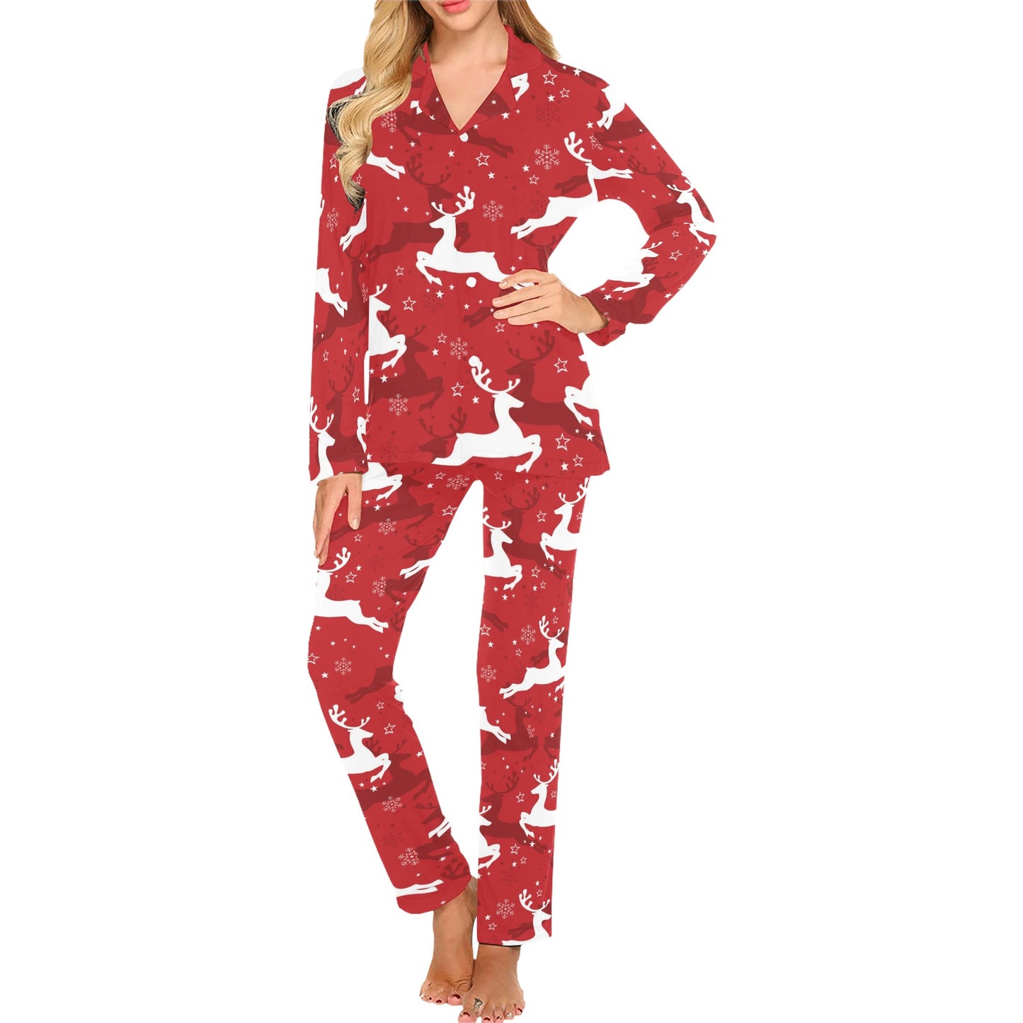 Reindeer Red Pattern Print Design 01 Women's Long Pajama Set