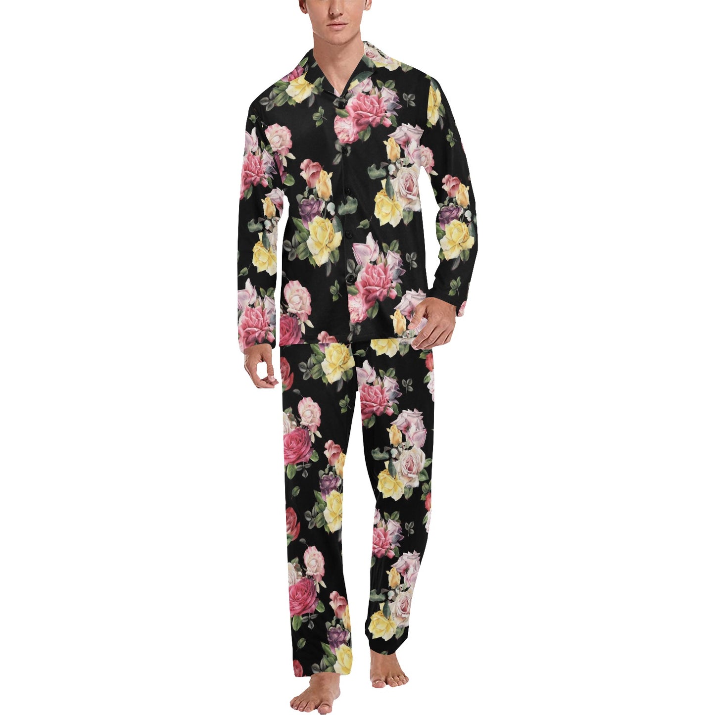 Rose Pattern Print Design RO010 Men's Long Pajama Set