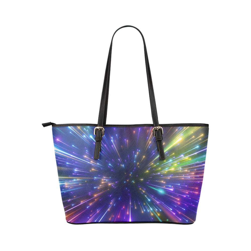 Celestial Rainbow Speed Light Leather Tote Bag