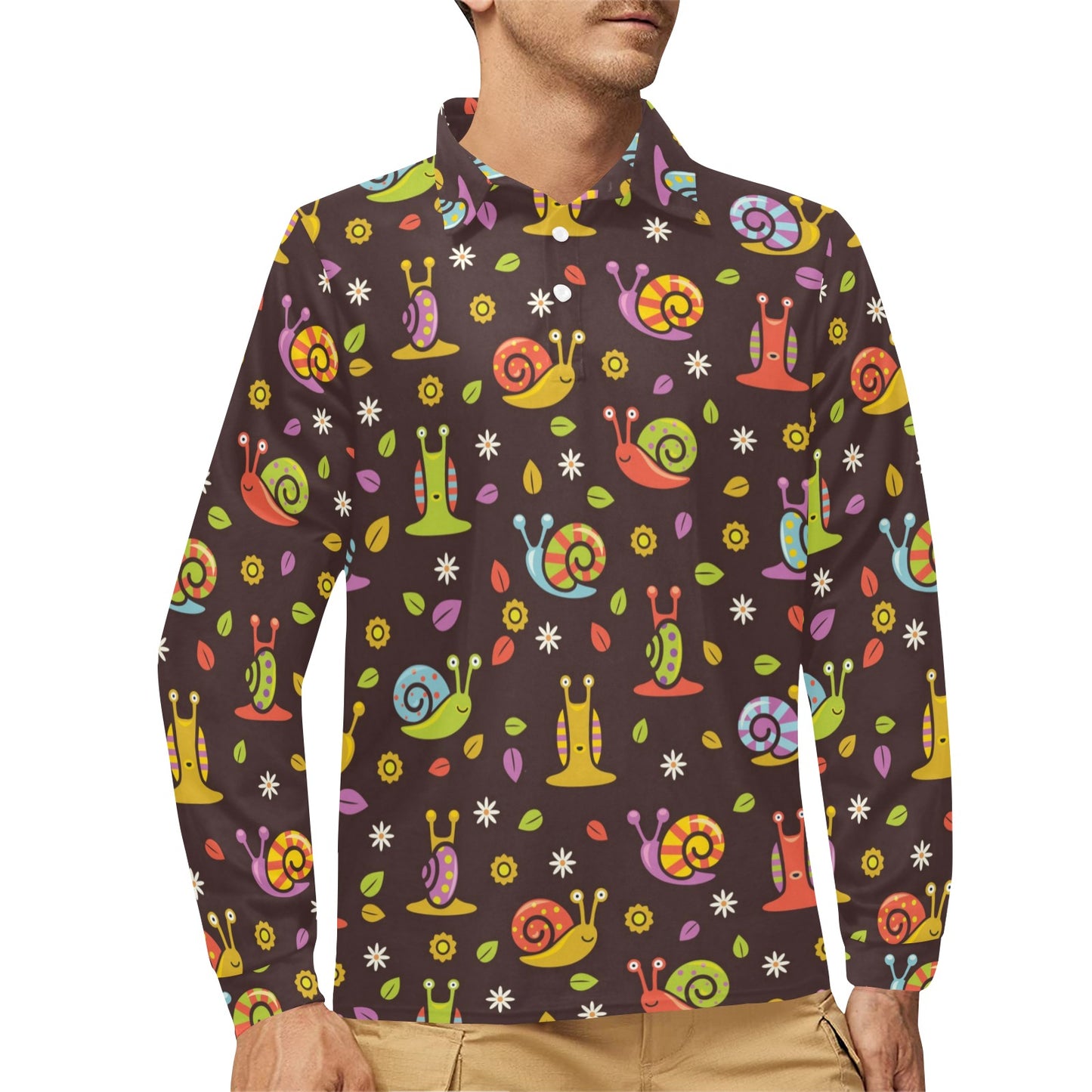 Snail Pattern Print Design 01 Long Sleeve Polo Shirt For Men's