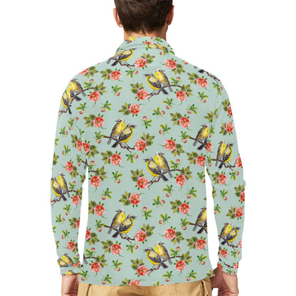 Bird with Red Flower Print Pattern Long Sleeve Polo Shirt For Men's
