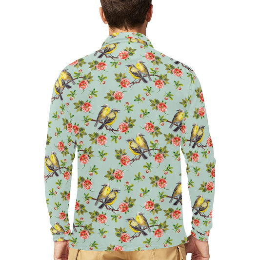Bird with Red Flower Print Pattern Long Sleeve Polo Shirt For Men's