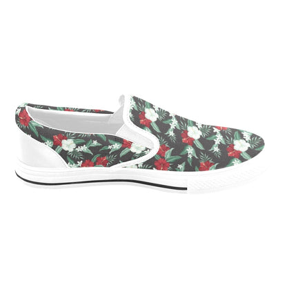 Tropical Flower Print Design LKS303 White Slip Ons Canvas Women's Shoes