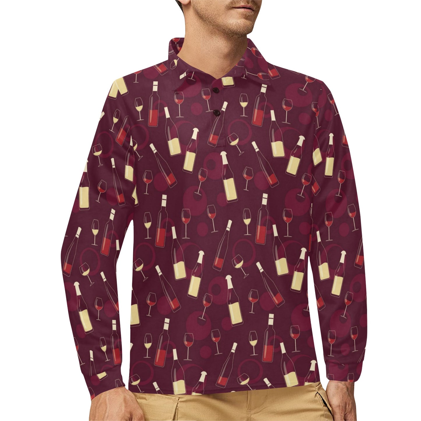 Wine Themed Pattern Print Long Sleeve Polo Shirt For Men's