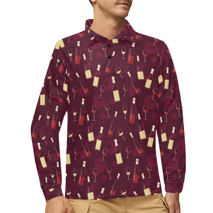 Wine Themed Pattern Print Long Sleeve Polo Shirt For Men's