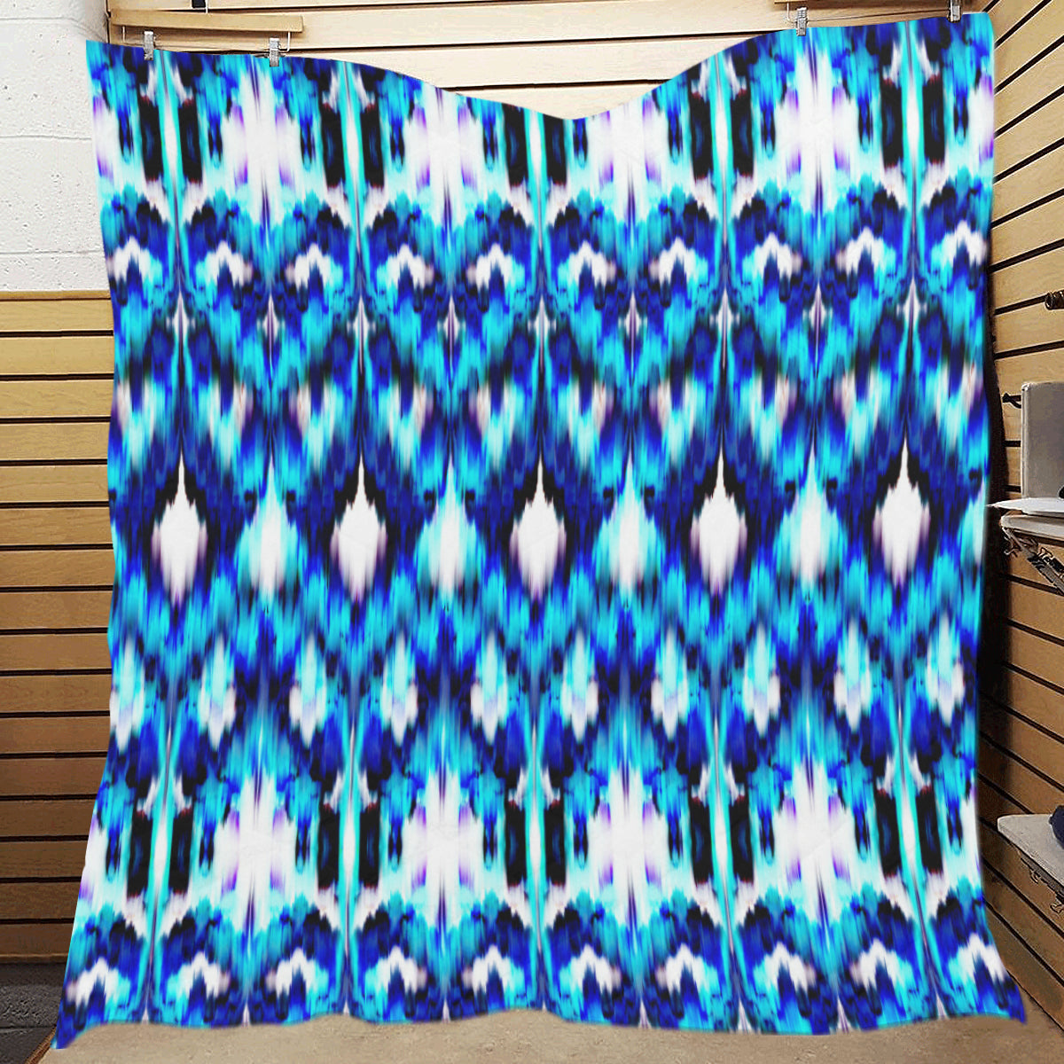 Ikat Blue Pattern Print Design 01 Premium Quilt