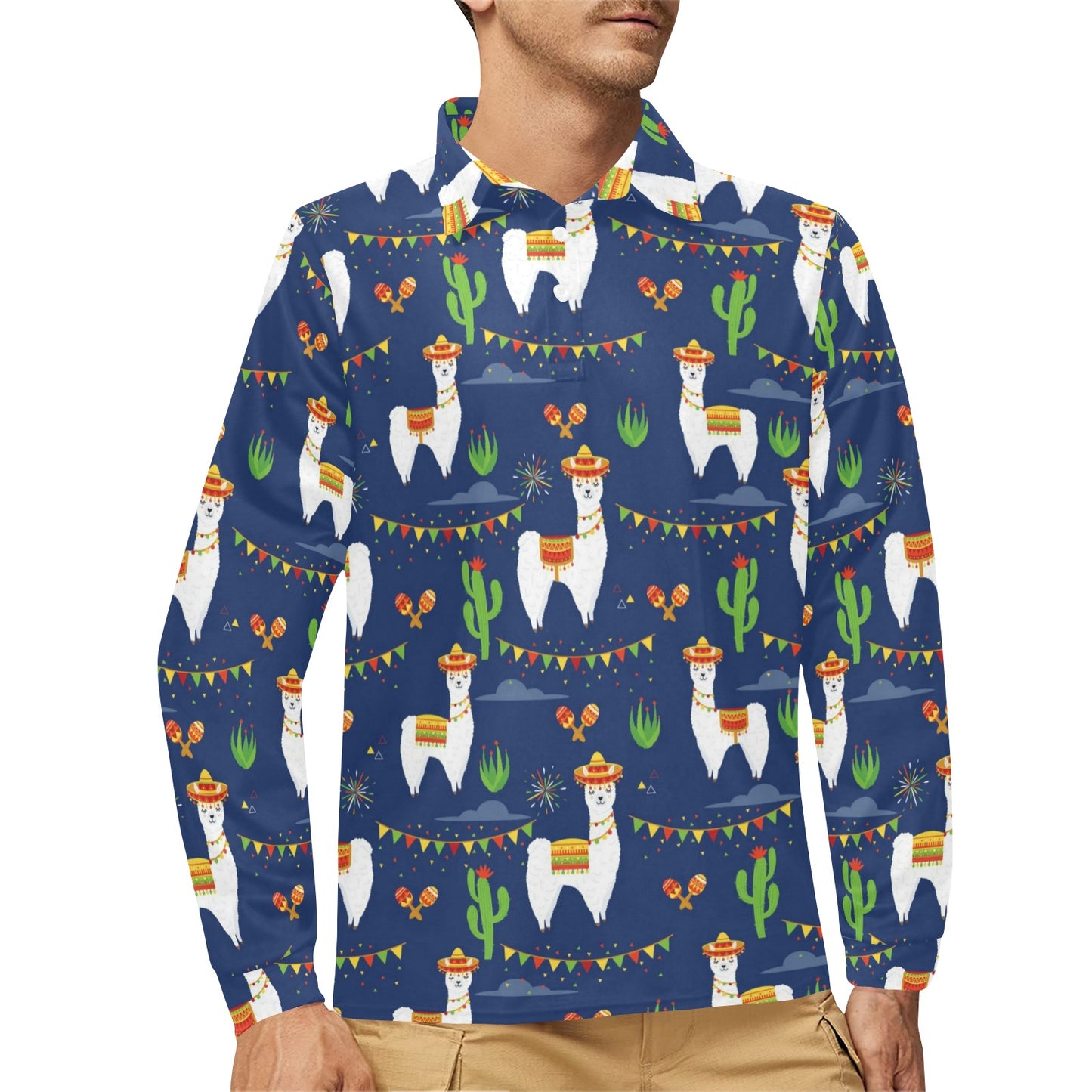 Llama Cactus Pattern Print Design 05 Long Sleeve Polo Shirt For Men's