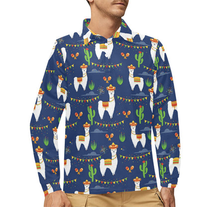 Llama Cactus Pattern Print Design 05 Long Sleeve Polo Shirt For Men's