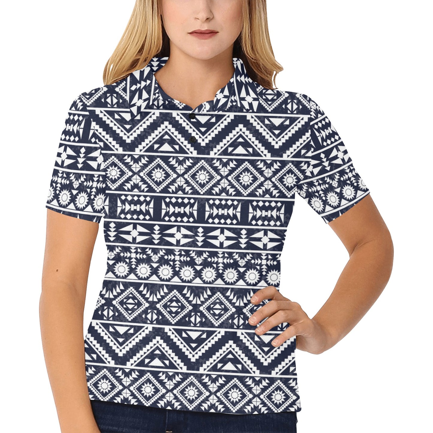 Blue White Tribal Aztec Women's Polo Shirt