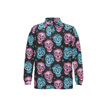 Day of the Dead Skull Print Pattern Long Sleeve Polo Shirt For Men's