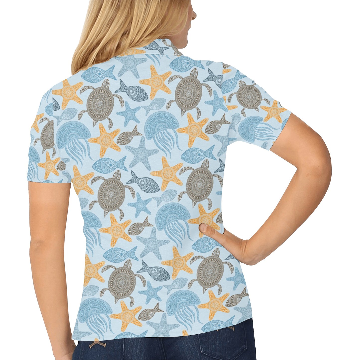Polynesian Jellyfish Turtle Print Women's Polo Shirt