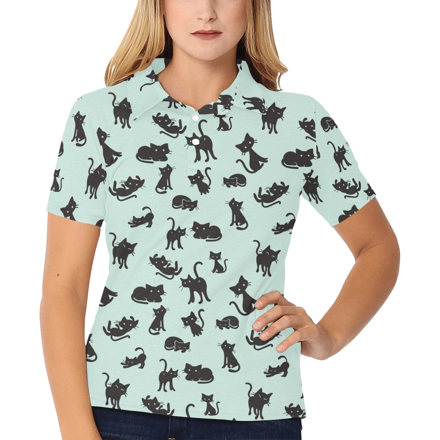 Black Cat Pattern Print Design 04 Women's Polo Shirt