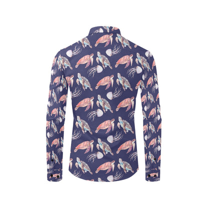 Sea Turtle With Jelly Fish Print Design LKS301 Men's Long Sleeve Dress Shirt