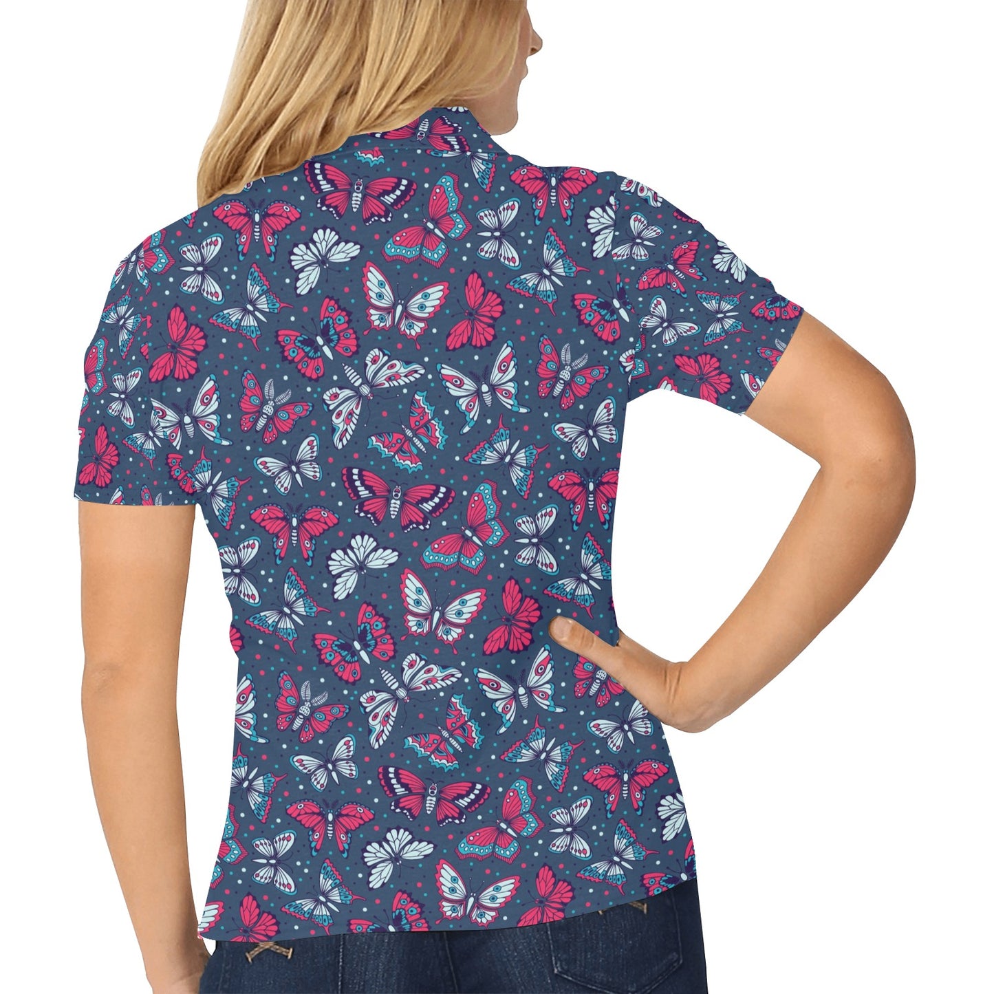 Butterfly Red Deep Blue Print Pattern Women's Polo Shirt