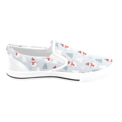 Snowman Print Design LKS302 White Slip Ons Canvas Women's Shoes