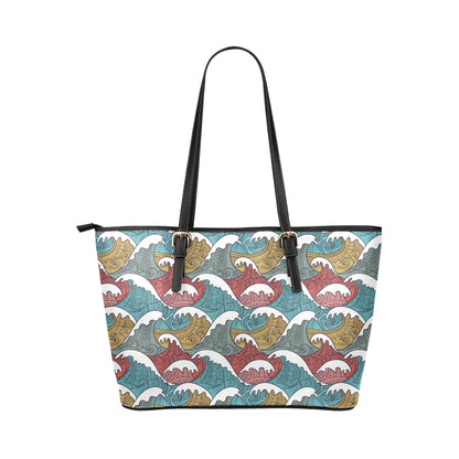 Tribal Wave Pattern Print Leather Tote Bag