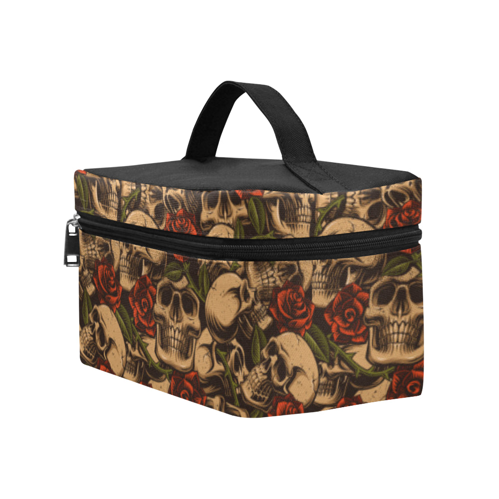 Skull Roses Vintage Design Themed Print Makeup Bag
