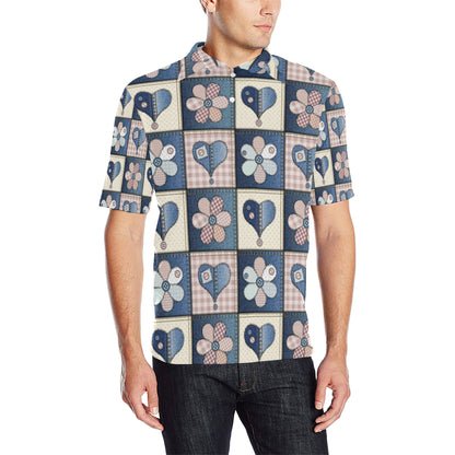 Patchwork Heart Flower Pattern Print Design 01 Men Polo Shirt