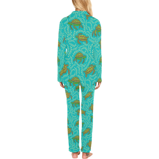 Sea Turtle Pattern Print Design T010 Women's Long Pajama Set