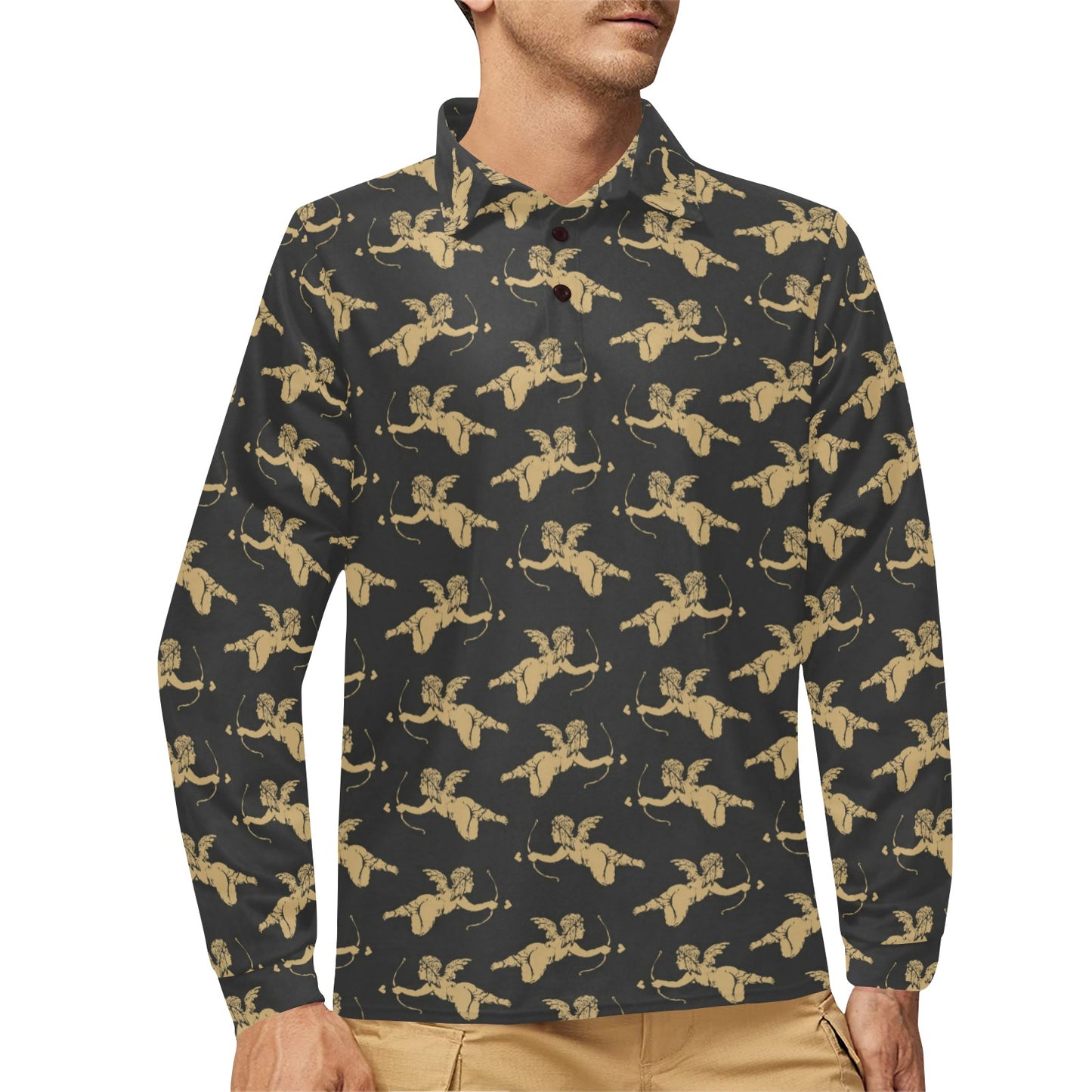 Cupid Pattern Print Design 02 Long Sleeve Polo Shirt For Men's