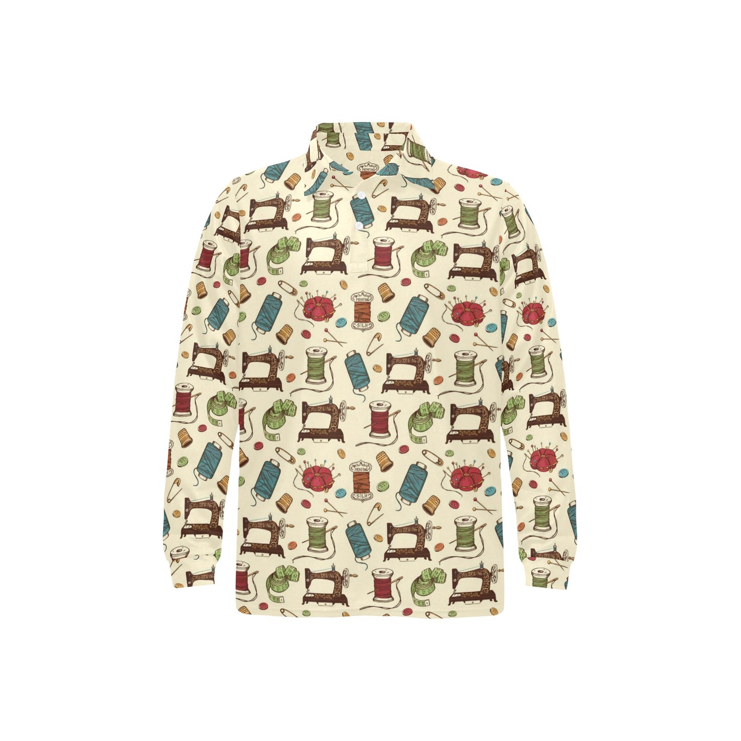 Sewing Equipment Print Design LKS303 Long Sleeve Polo Shirt For Men's