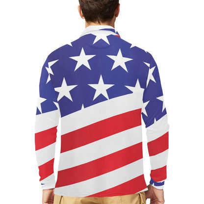 American flag Print Long Sleeve Polo Shirt For Men's